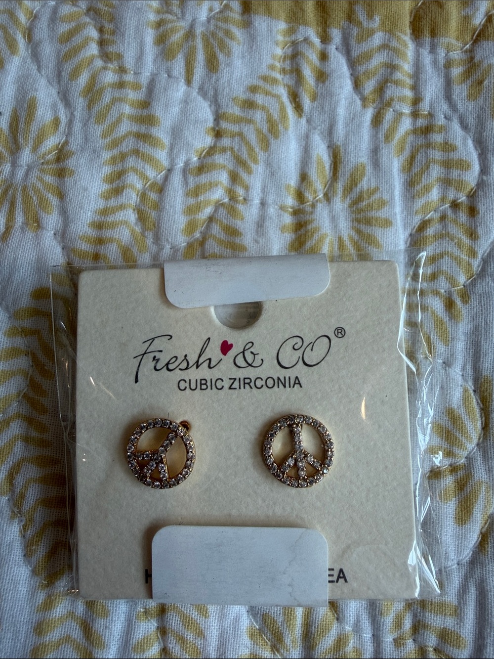 Fresh & Co Gold Peace Sign Cubic Zirconia Earrings
